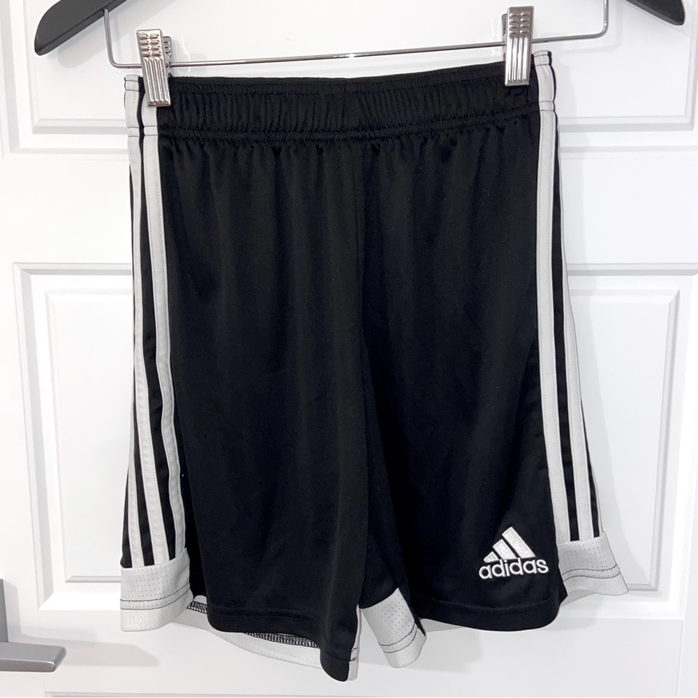 2/$50 Adidas Black Youth Soccer Shorts with White Stripes